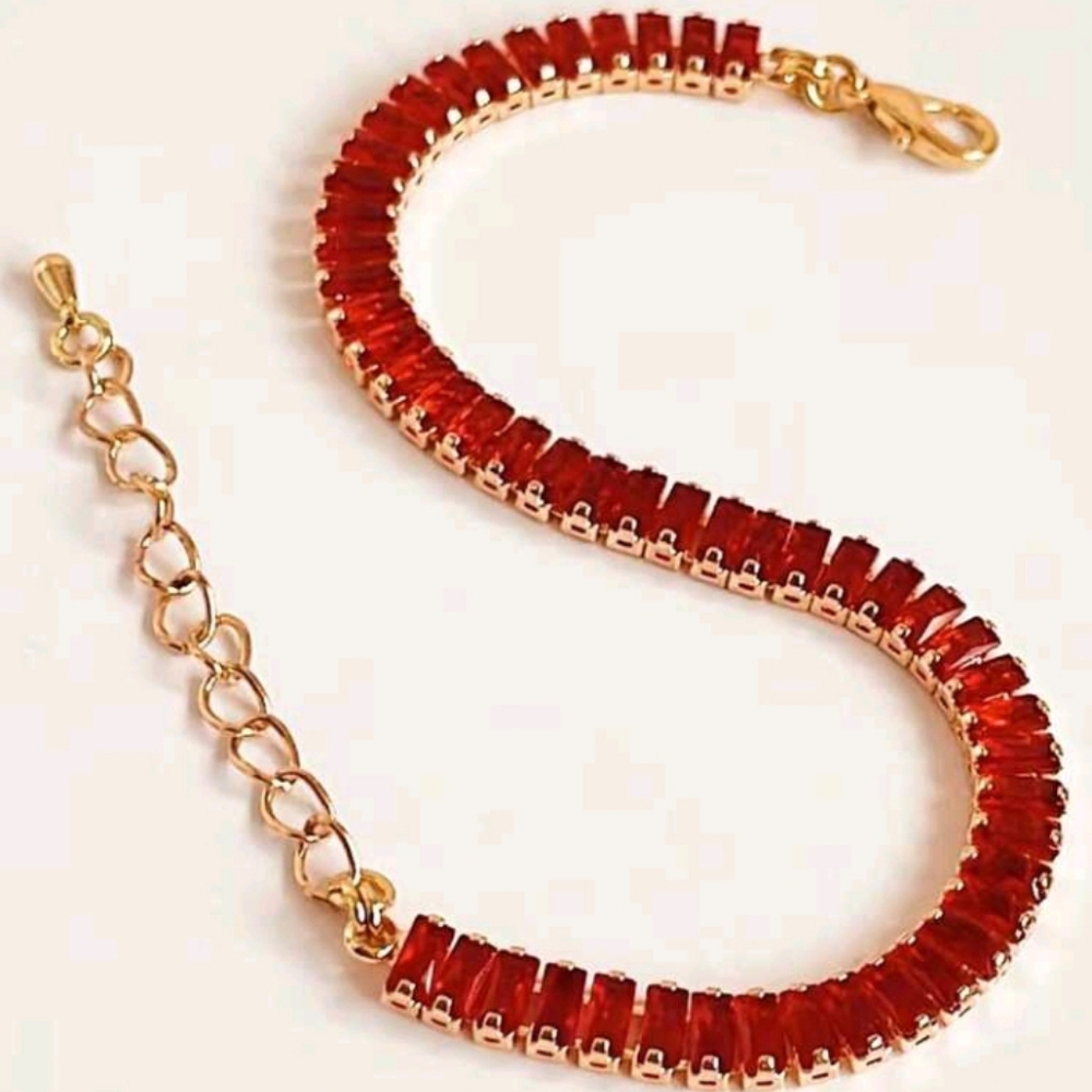 Red Rhinestone Gold Chain Bracelet - Picture 2 of 12